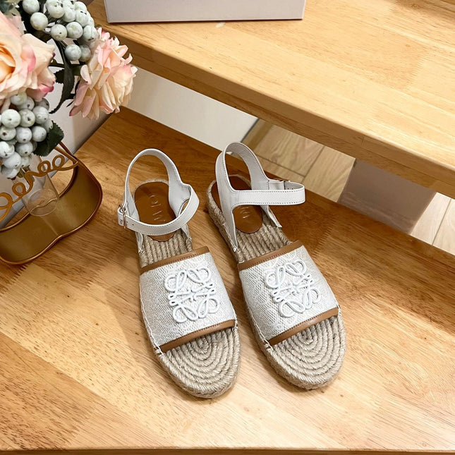 Loew Anagram White logo White Brown Leather And Canvas Espadrille Sandals