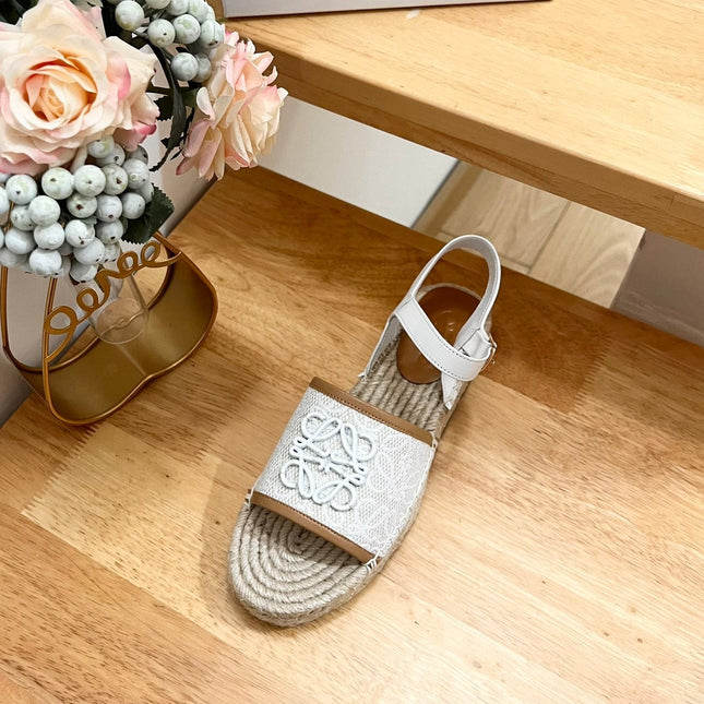 Loew Anagram White logo White Brown Leather And Canvas Espadrille Sandals