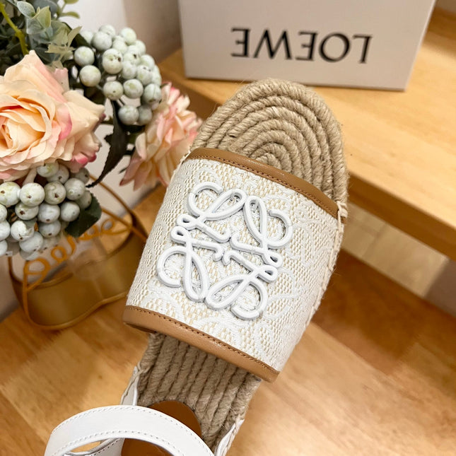 Loew Anagram White logo White Brown Leather And Canvas Espadrille Sandals