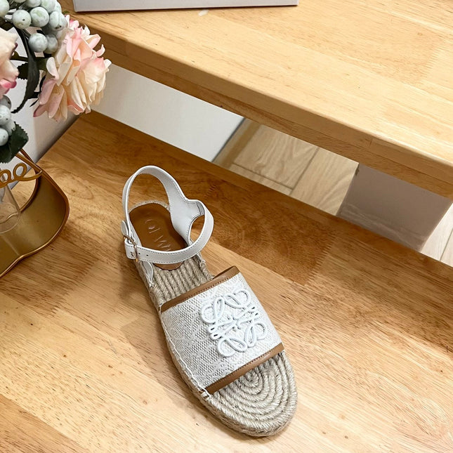 Loew Anagram White logo White Brown Leather And Canvas Espadrille Sandals