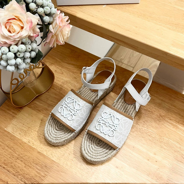 Loew Anagram White logo White Brown Leather And Canvas Espadrille Sandals