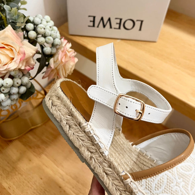 Loew Anagram White logo White Brown Leather And Canvas Espadrille Sandals