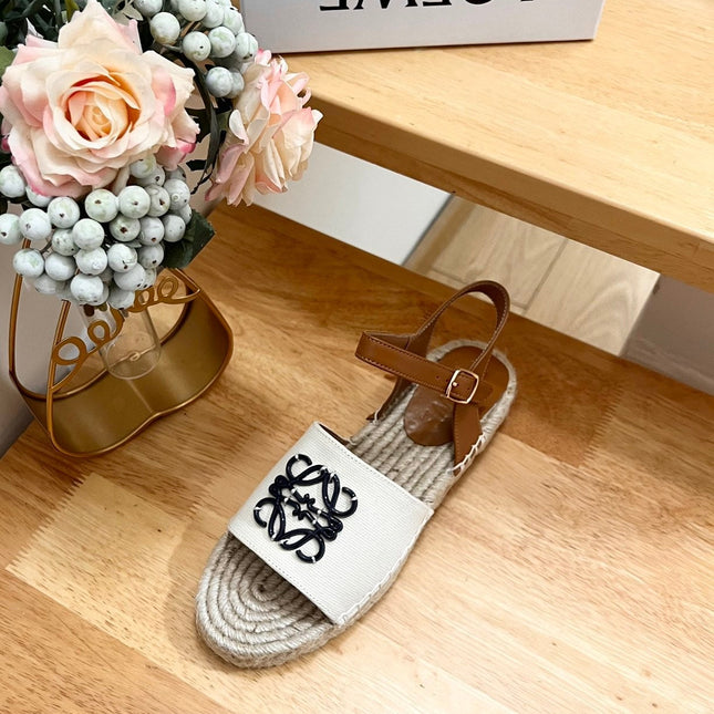 Loew Anagram Black logo White Brown Beige Leather And Canvas Espadrille Sandals