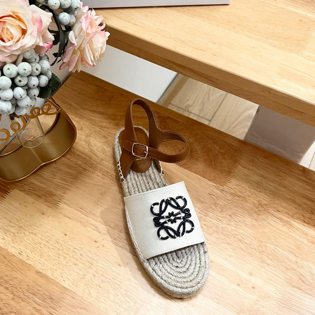 Loew Anagram Black logo White Brown Beige Leather And Canvas Espadrille Sandals