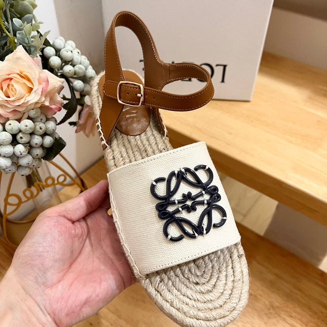 Loew Anagram Black logo White Brown Beige Leather And Canvas Espadrille Sandals