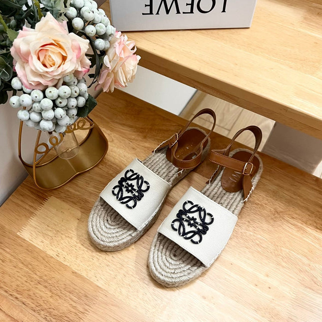 Loew Anagram Black logo White Brown Beige Leather And Canvas Espadrille Sandals