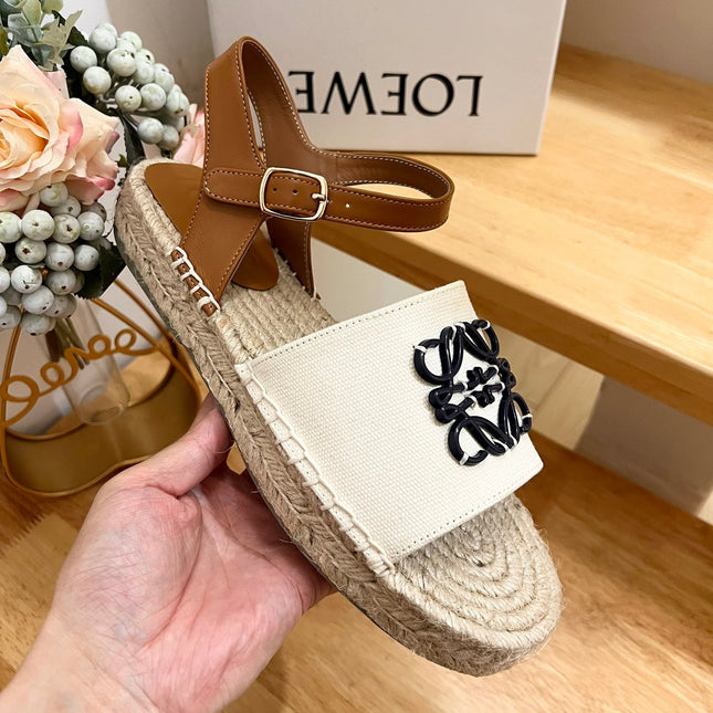 Loew Anagram Black logo White Brown Beige Leather And Canvas Espadrille Sandals