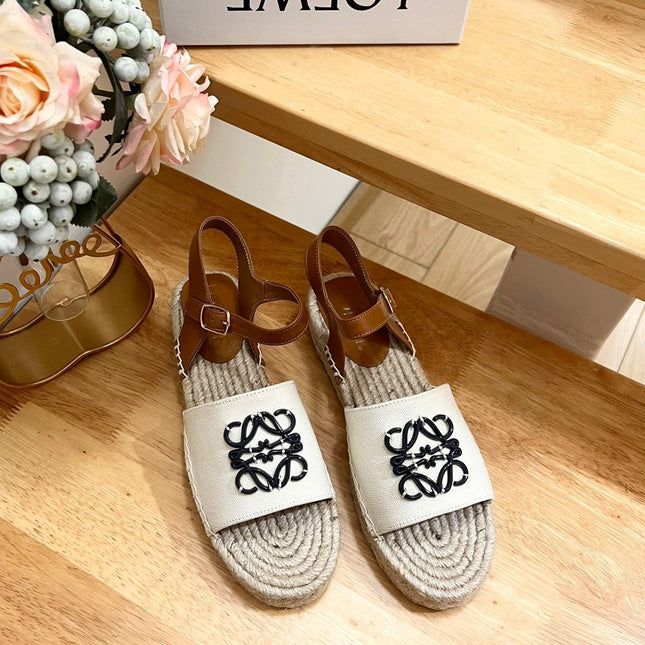 Loew Anagram Black logo White Brown Beige Leather And Canvas Espadrille Sandals