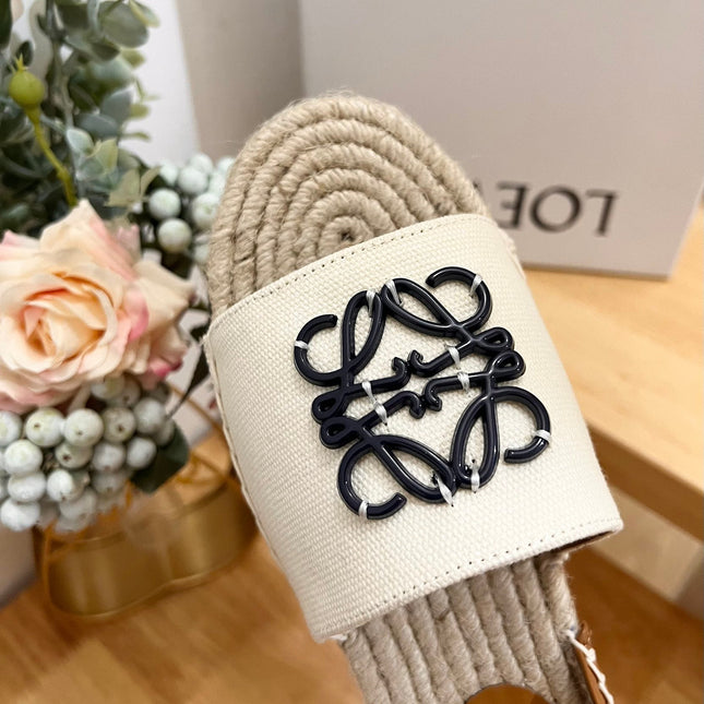 Loew Anagram Black logo White Brown Beige Leather And Canvas Espadrille Sandals