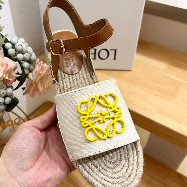 Loew Anagram Yellow logo White Brown Leather And Canvas Espadrille Sandals