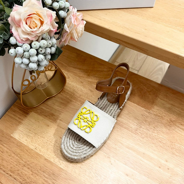 Loew Anagram Yellow logo White Brown Leather And Canvas Espadrille Sandals