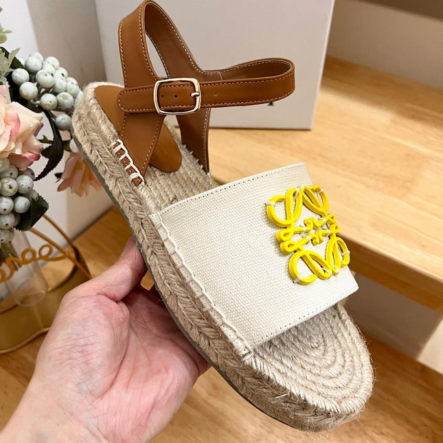 Loew Anagram Yellow logo White Brown Leather And Canvas Espadrille Sandals