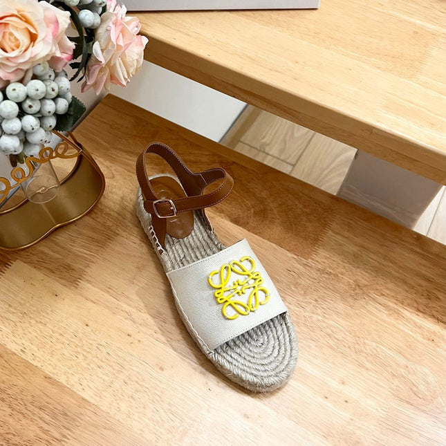 Loew Anagram Yellow logo White Brown Leather And Canvas Espadrille Sandals