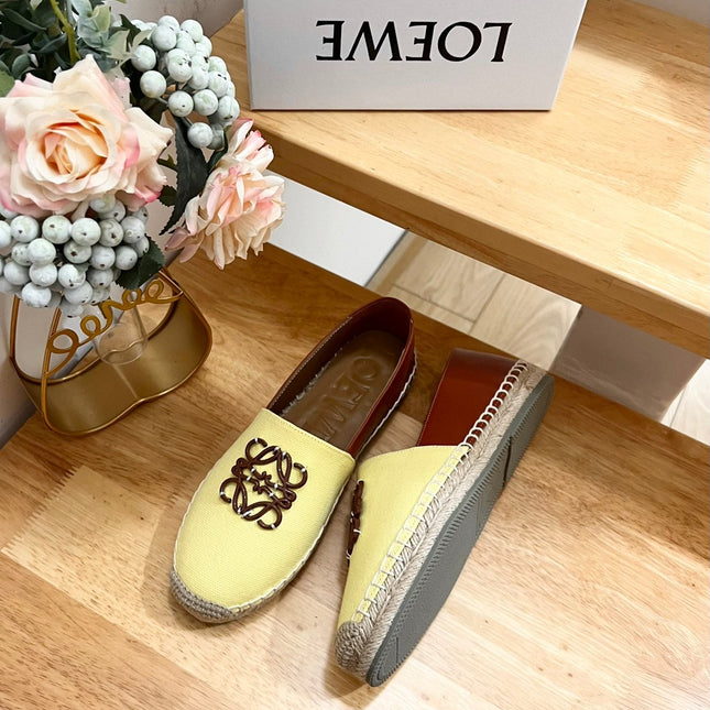 Loew Anagram Espadrille Yellow Brown Leather and Canvas