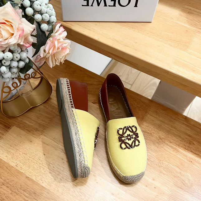 Loew Anagram Espadrille Yellow Brown Leather and Canvas
