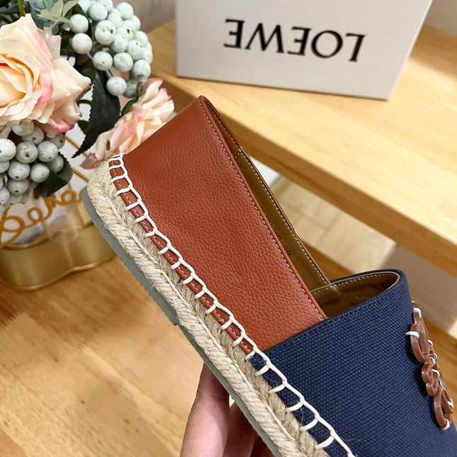 Loew Anagram Espadrille Denim Brown Leather and Canvas