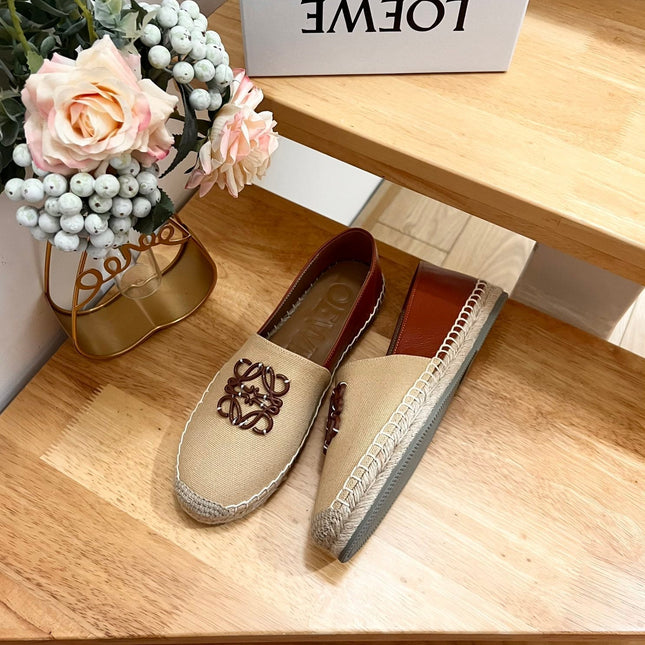 Loew Anagram Espadrille Beige Brown Leather and Canvas