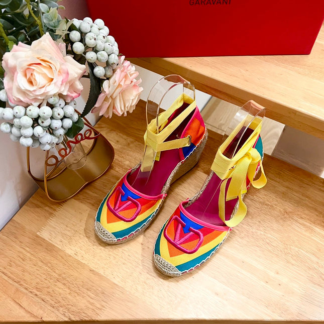 GARAVANI PRINTED COLORFUL CANVAS HIGH SANDAL 95 MM WITH EMBROIDERED LOGO