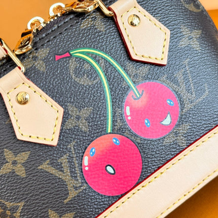 LV 25S NANO ALMA 18 IN DARK BROWN CANVAS MONOGRAM CHERRY PRINT GOLD HARDWARE