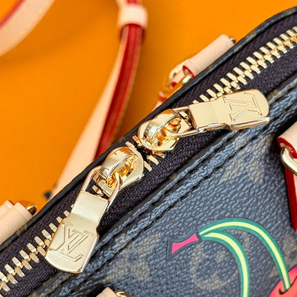 LV 25S NANO ALMA 18 IN DARK BROWN CANVAS MONOGRAM CHERRY PRINT GOLD HARDWARE