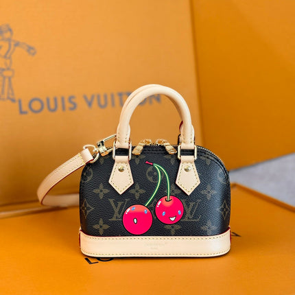 LV 25S NANO ALMA 18 IN DARK BROWN CANVAS MONOGRAM CHERRY PRINT GOLD HARDWARE
