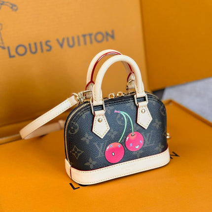 LV 25S NANO ALMA 18 IN DARK BROWN CANVAS MONOGRAM CHERRY PRINT GOLD HARDWARE