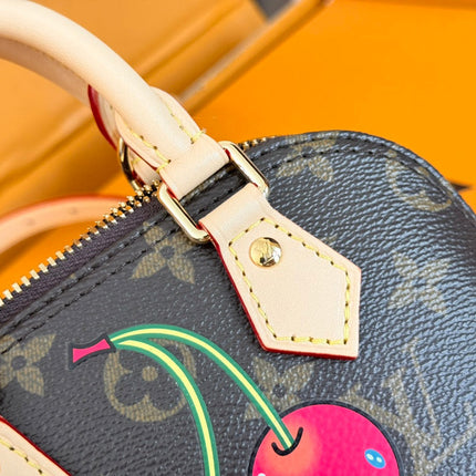 LV 25S NANO ALMA 18 IN DARK BROWN CANVAS MONOGRAM CHERRY PRINT GOLD HARDWARE