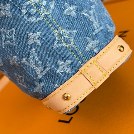 LV 25S NANO NOÉ 20 IN BLUE DENIM MONOGRAM LEATHER TRIM GOLD HARDWARE