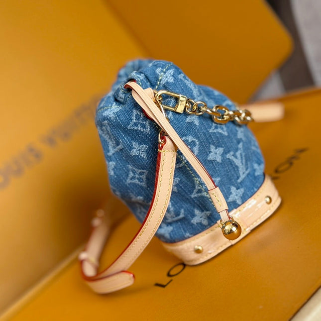 LV 25S NANO NOÉ 20 IN BLUE DENIM MONOGRAM LEATHER TRIM GOLD HARDWARE