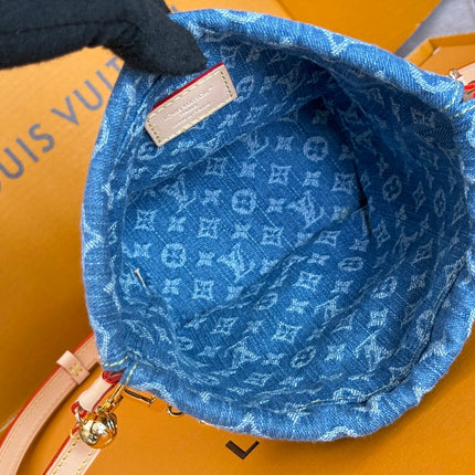 LV 25S NANO NOÉ 20 IN BLUE DENIM MONOGRAM LEATHER TRIM GOLD HARDWARE