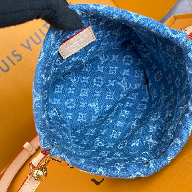 LV 25S NANO NOÉ 20 IN BLUE DENIM MONOGRAM LEATHER TRIM GOLD HARDWARE