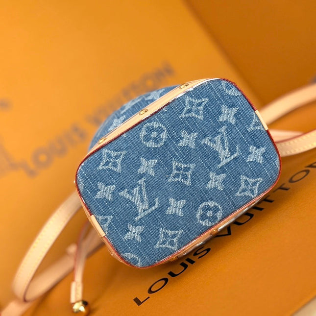 LV 25S NANO NOÉ 20 IN BLUE DENIM MONOGRAM LEATHER TRIM GOLD HARDWARE