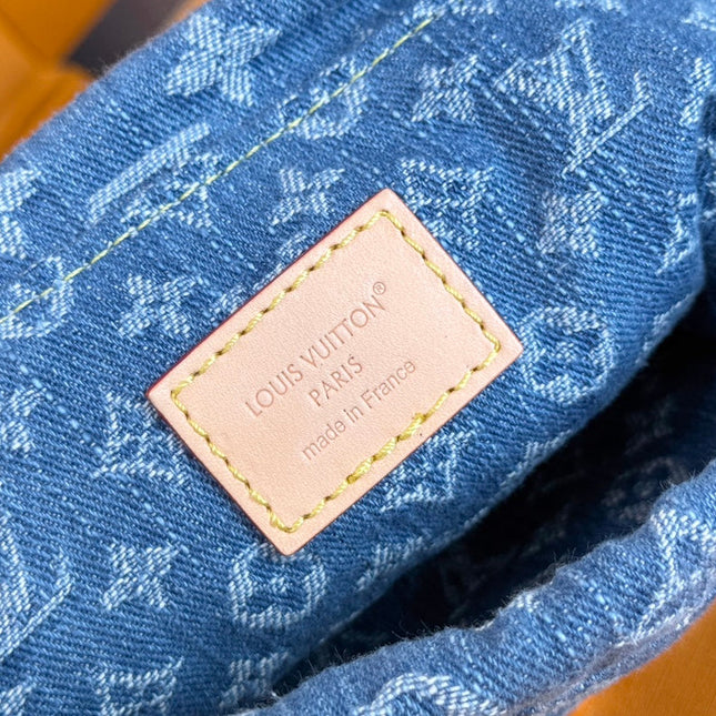LV 25S NANO NOÉ 20 IN BLUE DENIM MONOGRAM LEATHER TRIM GOLD HARDWARE