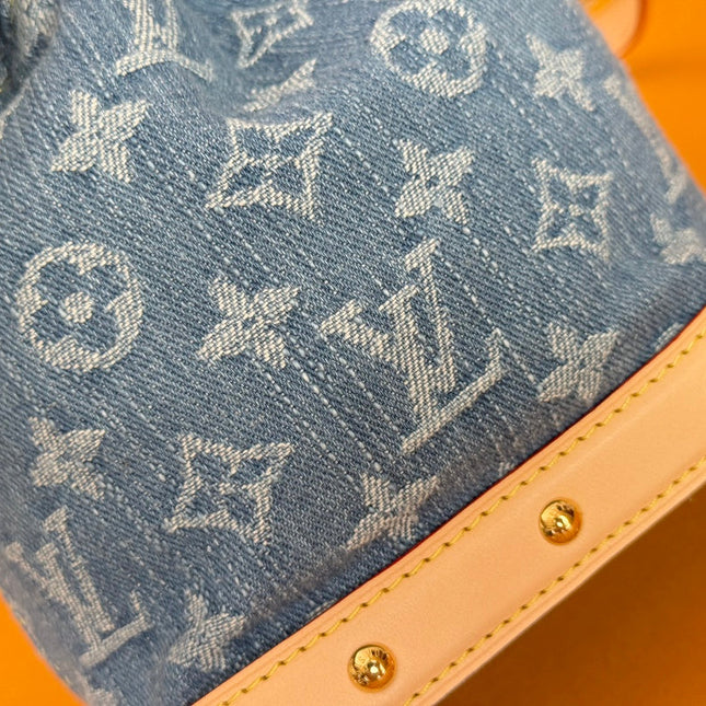 LV 25S NANO NOÉ 20 IN BLUE DENIM MONOGRAM LEATHER TRIM GOLD HARDWARE