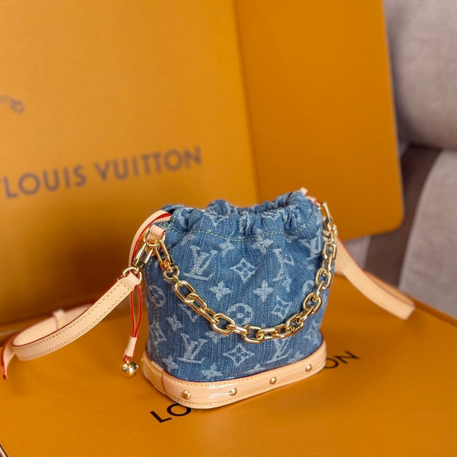 LV 25S NANO NOÉ 20 IN BLUE DENIM MONOGRAM LEATHER TRIM GOLD HARDWARE