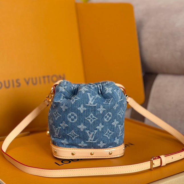 LV 25S NANO NOÉ 20 IN BLUE DENIM MONOGRAM LEATHER TRIM GOLD HARDWARE