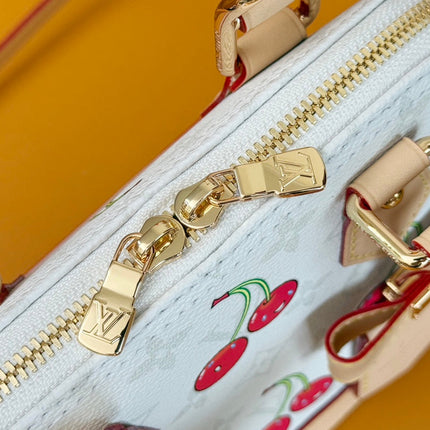 LV 25S ALMA BB 23 IN WHITE CANVAS MONOGRAM CHERRY PRINT GOLD HARDWARE