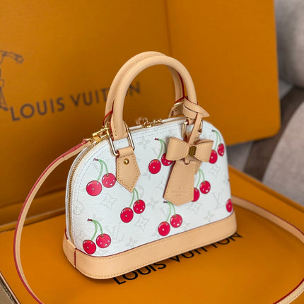 LV 25S ALMA BB 23 IN WHITE CANVAS MONOGRAM CHERRY PRINT GOLD HARDWARE