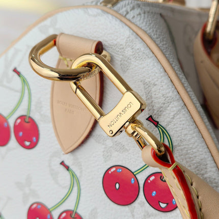 LV 25S SPEEDY SOFT 30 IN WHITE CANVAS MONOGRAM CHERRY PRINT GOLD HARDWARE