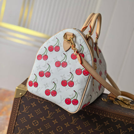 LV 25S SPEEDY SOFT 30 IN WHITE CANVAS MONOGRAM CHERRY PRINT GOLD HARDWARE
