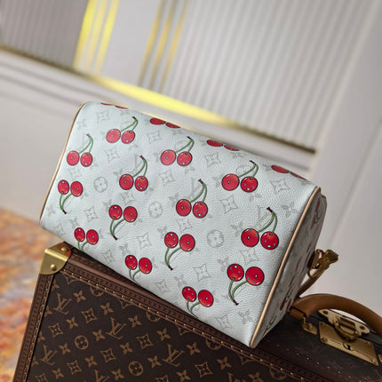 LV 25S SPEEDY SOFT 30 IN WHITE CANVAS MONOGRAM CHERRY PRINT GOLD HARDWARE