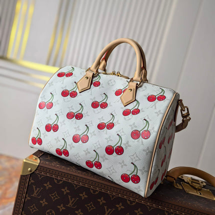 LV 25S SPEEDY SOFT 30 IN WHITE CANVAS MONOGRAM CHERRY PRINT GOLD HARDWARE