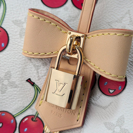 LV 25S SPEEDY SOFT 30 IN WHITE CANVAS MONOGRAM CHERRY PRINT GOLD HARDWARE