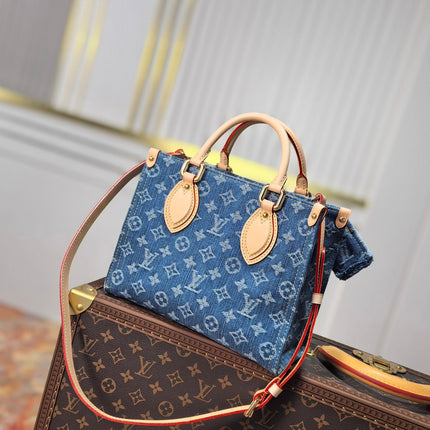 LV 25S ONTHEGO 28 IN BLUE MONOGRAM DENIM COTTON CALFSKIN LEATHER STRAP