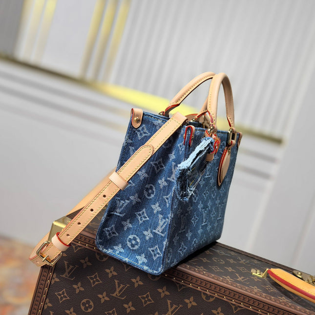 LV 25S ONTHEGO 28 IN BLUE MONOGRAM DENIM COTTON CALFSKIN LEATHER STRAP