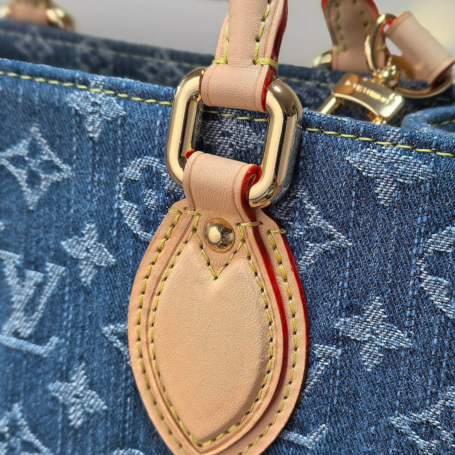 LV 25S ONTHEGO 28 IN BLUE MONOGRAM DENIM COTTON CALFSKIN LEATHER STRAP