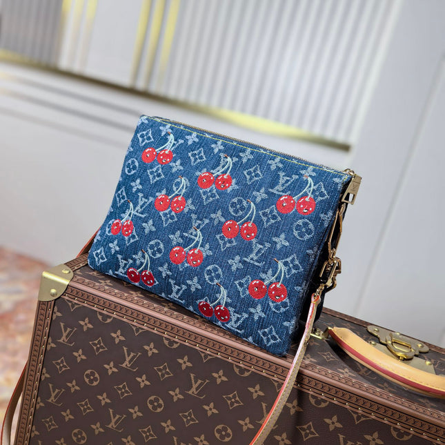 LV 25S COUSSIN BAG 26 IN DARK BLUE DENIM MONOGRAM CHERRY GOLD HARDWARE