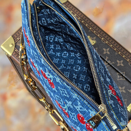 LV 25S COUSSIN BAG 26 IN DARK BLUE DENIM MONOGRAM CHERRY GOLD HARDWARE