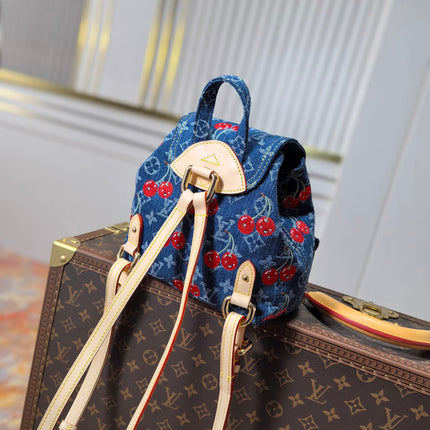 LV 25S VENICE BACKPACK 26 IN BLUE DENIM MONOGRAM CHERRY GOLD HARDWARE