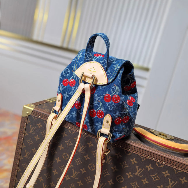 LV 25S VENICE BACKPACK 26 IN BLUE DENIM MONOGRAM CHERRY GOLD HARDWARE